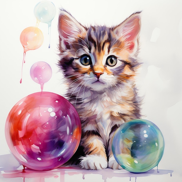 schilderij van een kitten met een bal en ballonnen op een witte achtergrond generatieve ai