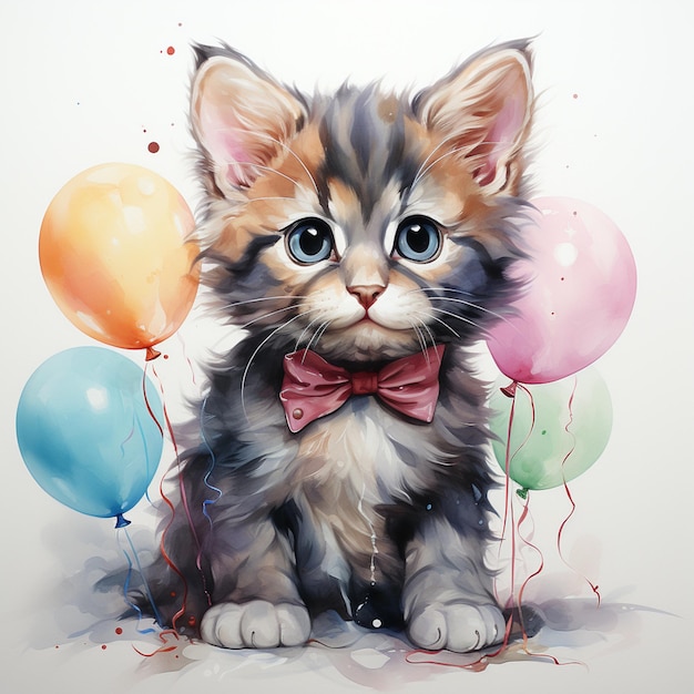 schilderij van een kitten met een vlindertje en ballonnen generatieve ai