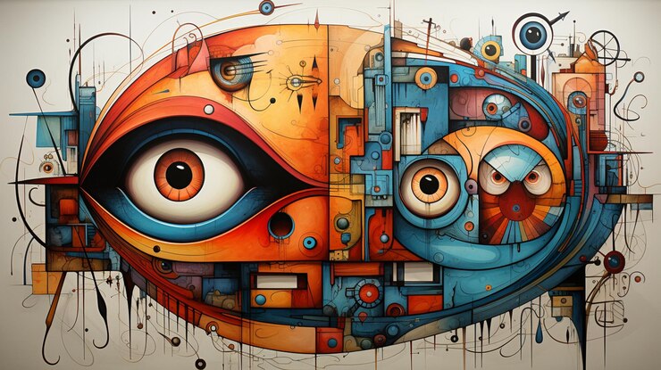 Foto schilderij van een kleurrijk abstract schilderij van een gezicht met een groot oog generatieve ai