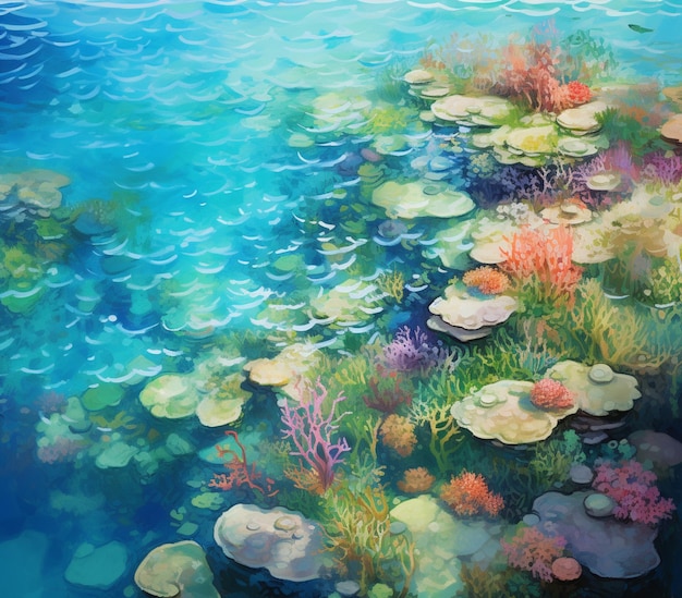 schilderij van een kleurrijk koraalrif met waterlelies en vissen generatieve ai