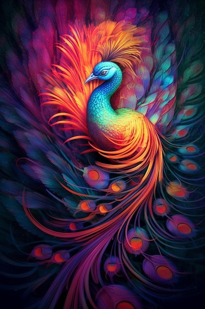 Schilderij van een kleurrijke pauw met veren en een lange staart generatieve ai