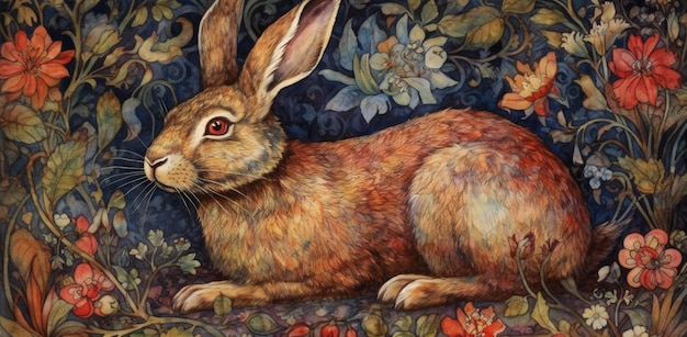 schilderij van een konijn dat in een bloementuin zit met bloemen generatieve ai