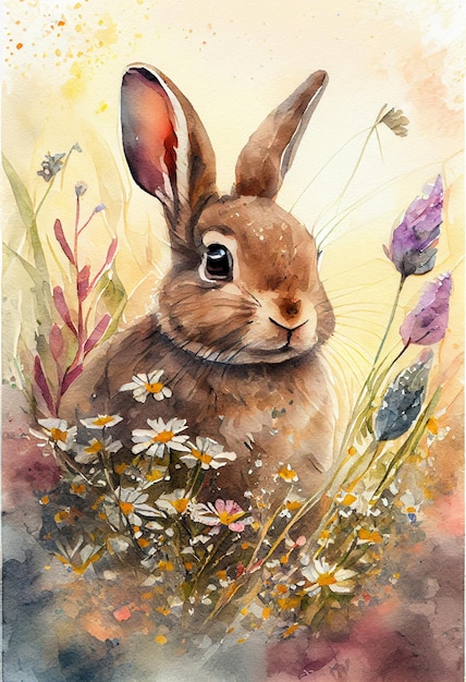 schilderij van een konijn in een veld met bloemen met een gele achtergrond generatieve ai