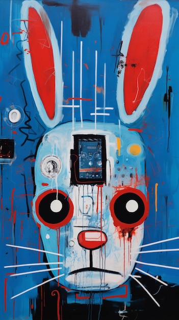 schilderij van een konijn met rode ogen en oren op een blauwe achtergrond generatieve ai