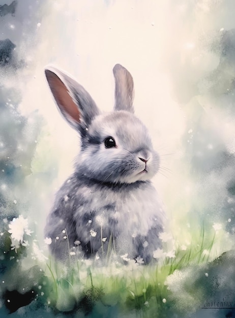 Schilderij van een konijn zittend in het gras met bloemen generatieve ai