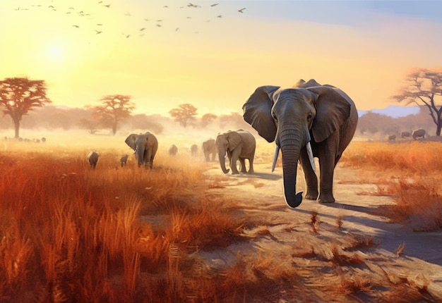 Schilderij van een kudde olifanten die generatief over een droog grasveld loopt
