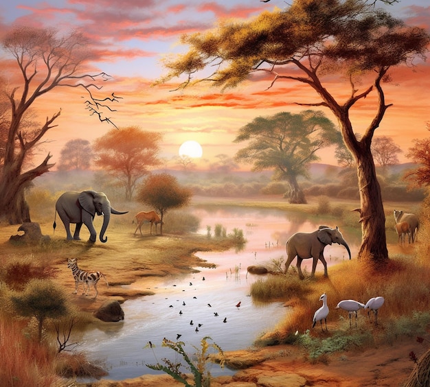 Schilderij van een kudde olifanten en zebra's bij een generatieve rivier ai