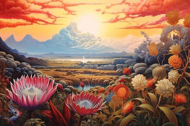 Schilderij van een landschap met bloemen en een rivier op de voorgrond generatieve ai