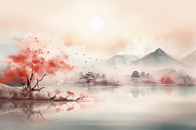 Schilderij van een landschap met een meer en een berg op de achtergrond generatief ai