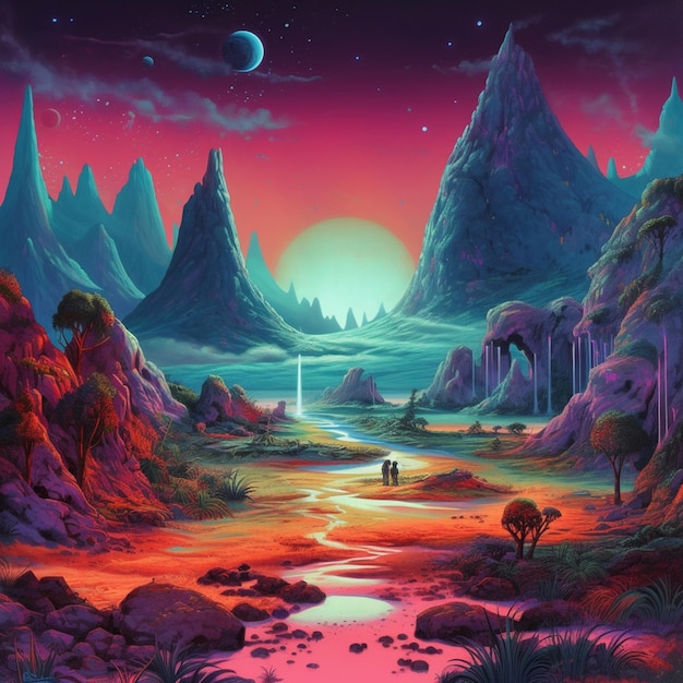 schilderij van een landschap met een rivier en bergen bij zonsondergang generatieve ai