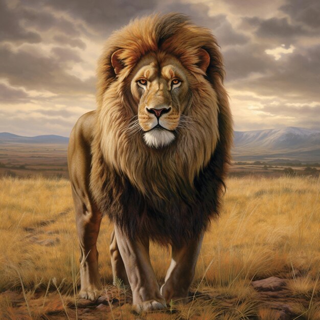 schilderij van een leeuw die in een veld loopt met een bewolkte hemel generatieve ai