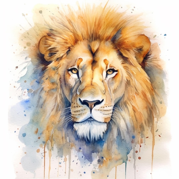 schilderij van een leeuw met een waterverf effect op zijn gezicht generatieve ai