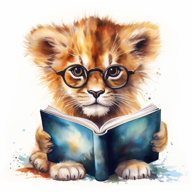 Schilderij van een leeuwenwelp die een boek leest met een bril generatieve ai