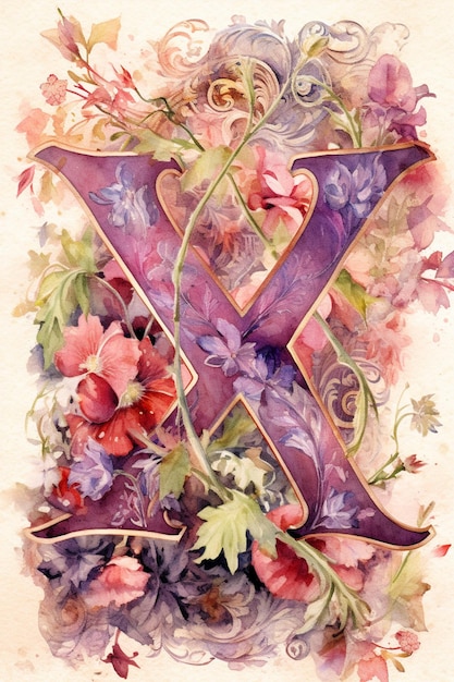 Foto schilderij van een letter x met bloemen en wijnstokken op de achtergrond generatieve ai