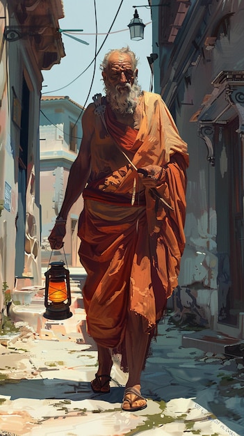 schilderij van een man die door een straat loopt met een lantaarn generatieve ai