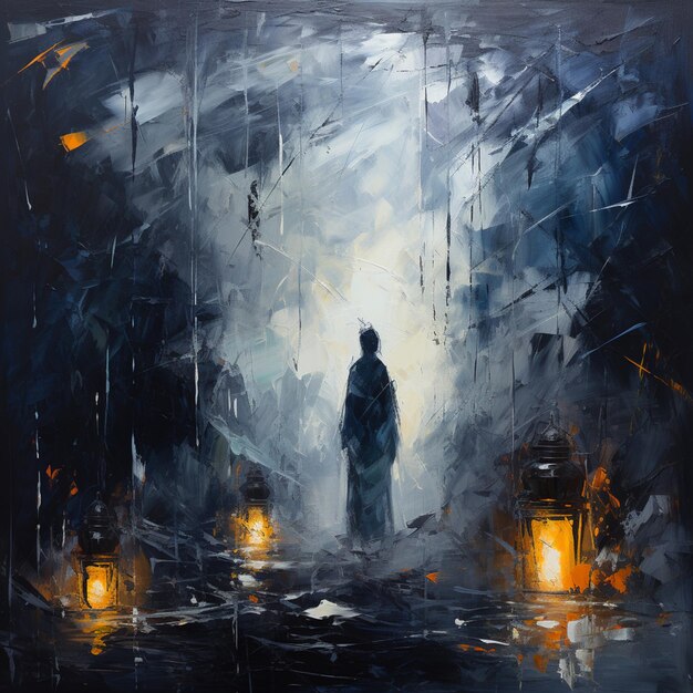 schilderij van een man die in de regen loopt met lantaarns generatieve ai