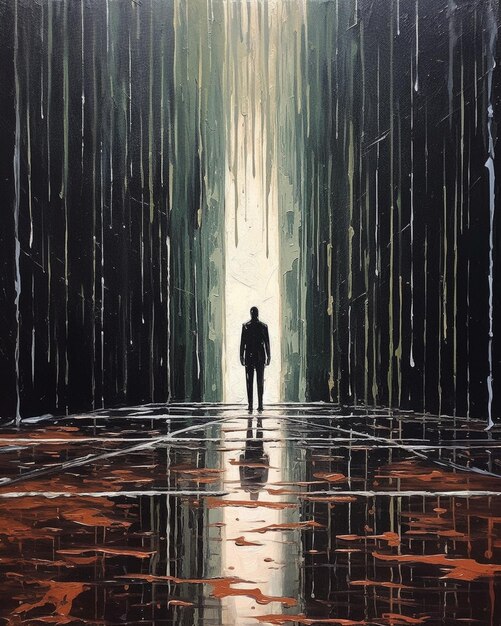 schilderij van een man die in een donkere kamer staat met een waterval generatieve ai