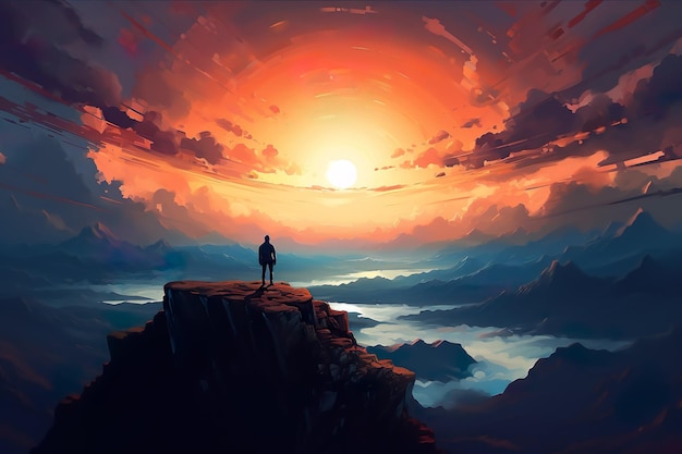 Schilderij van een man die op de bergtop staat met uitzicht op zonsondergang generatieve ai