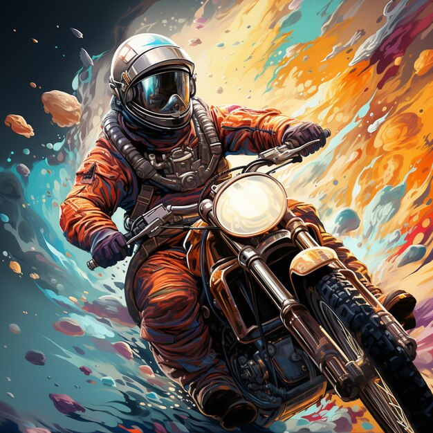 schilderij van een man die op een motorfiets rijdt in een ruimtepak generatieve ai