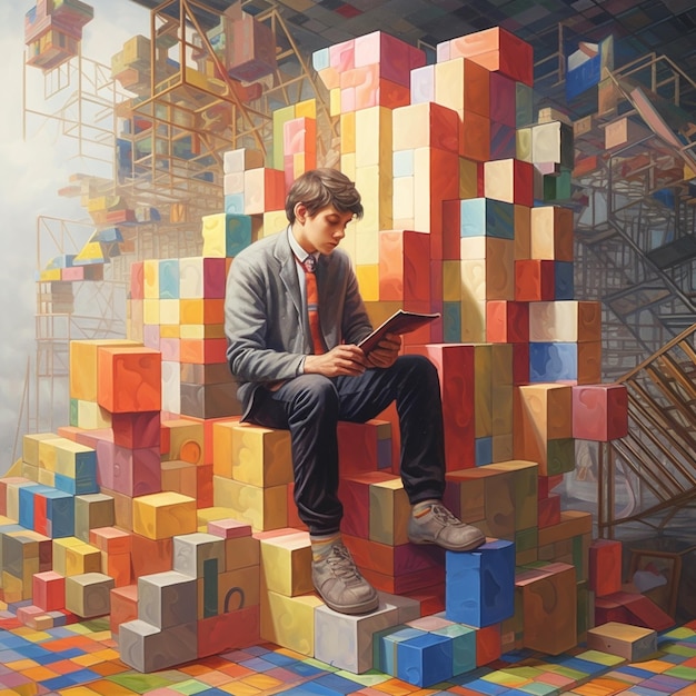 Schilderij van een man die op een stapel blokken zit en een boek leest