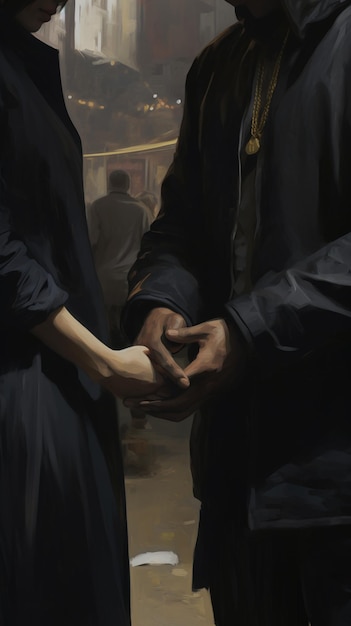 schilderij van een man en vrouw die handen vasthouden in een stad generatieve ai