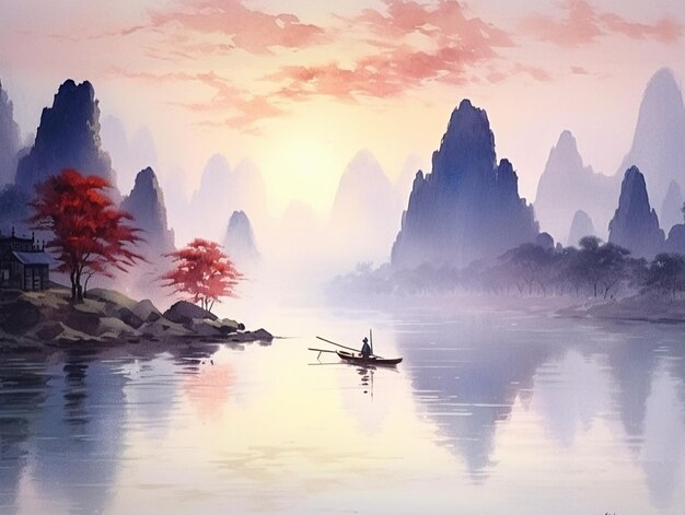 schilderij van een man in een boot op een rivier met bergen op de achtergrond generatieve ai