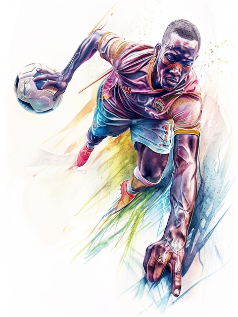 schilderij van een man in een paars shirt en blauwe korte broek met een voetbal generatieve ai