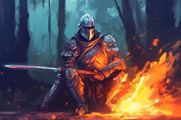 schilderij van een man in harnas met een zwaard in een donker bos