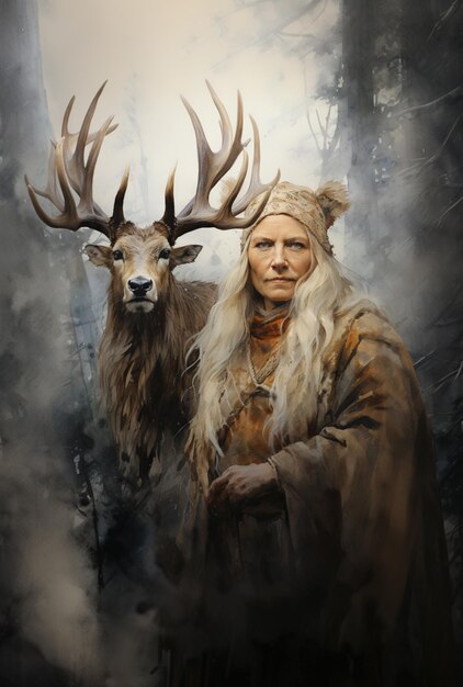 Foto schilderij van een man met een hert en een vrouw met hoorns generatieve ai