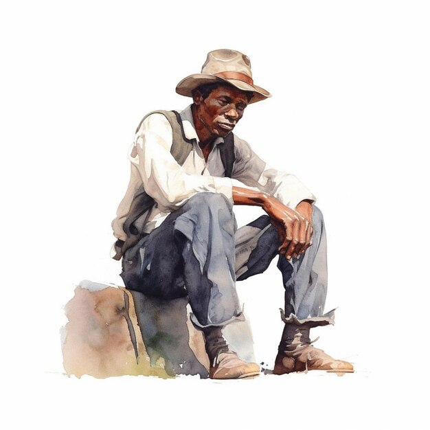 schilderij van een man zittend op een rots met een hoed op generatieve ai