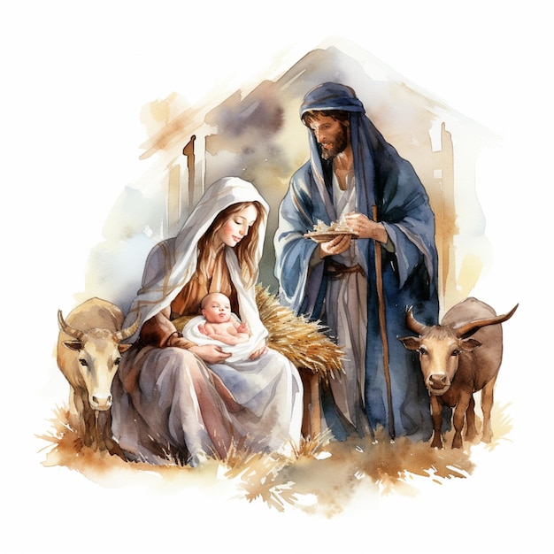 schilderij van een manger scène met een baby jesus en een manger generatieve ai