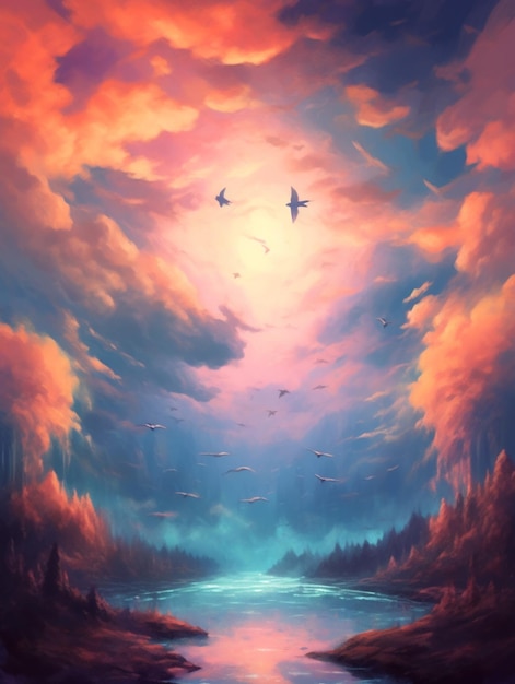 Schilderij van een meer met vogels die boven het meer in de lucht vliegen