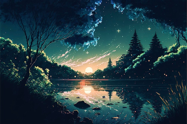 Schilderij van een meer omgeven door bomen generatieve ai