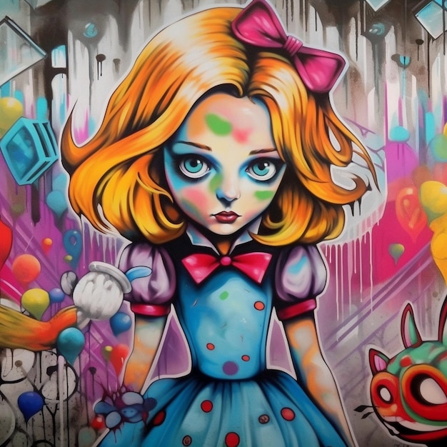 schilderij van een meisje met een clown gezicht en een kat generatieve ai