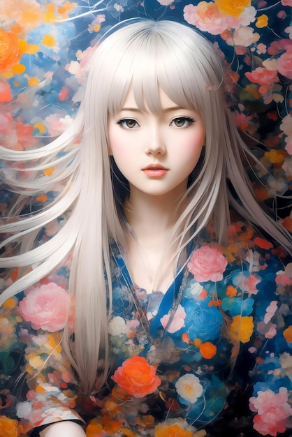 Schilderij van een meisje met lang haar omringd door bloemen en bladeren met een bloemen achtergrondCreatieve ontwerper mode glamour anime kunst tekening