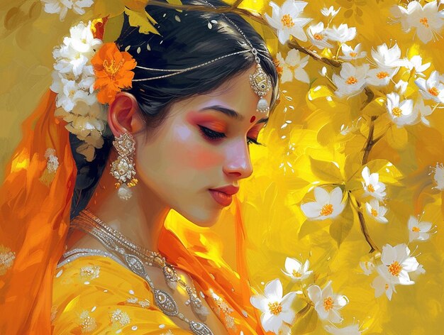 schilderij van een mooie Indiase vrouw met bloemen