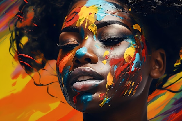 Schilderij van een mooie jonge Afro-Amerikaanse vrouw met zwarte verf en kleurrijke verf op haar gezicht