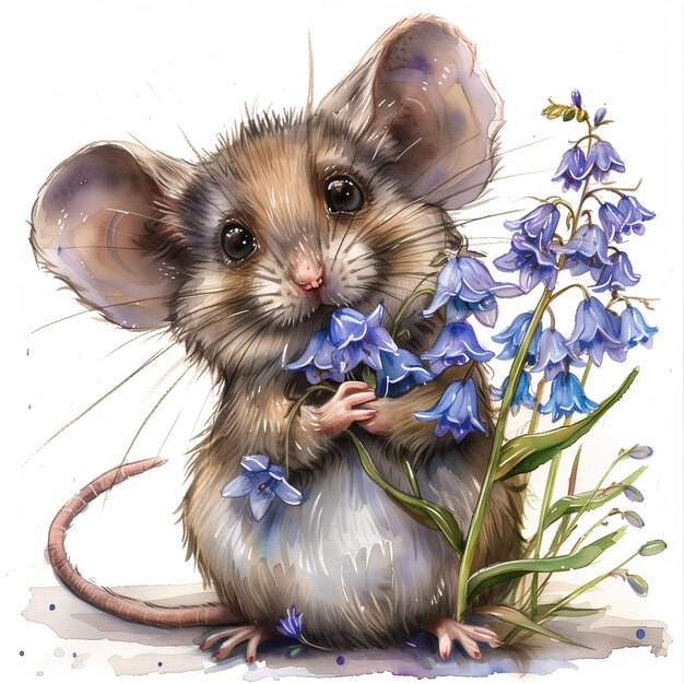 schilderij van een muis met blauwe bloemen in zijn mond generatieve ai