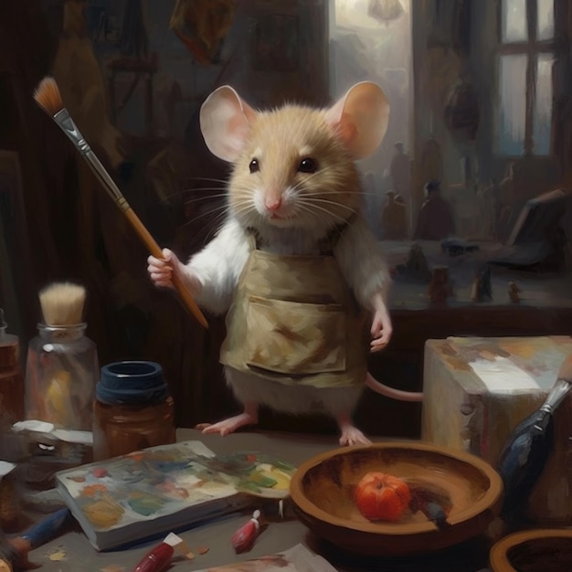 schilderij van een muis met een penseel en een schaal met fruit generatieve ai