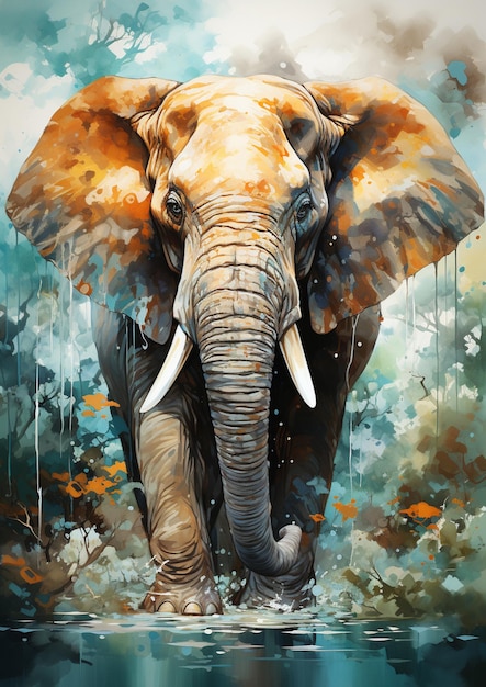 Schilderij van een olifant die door het water loopt met een hemel achtergrond generatieve ai