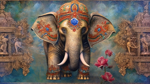 Schilderij van een olifant met een blauwe bloem op zijn hoofd generatieve ai