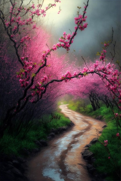 Schilderij van een onverharde weg omgeven door roze bloemen generatieve ai