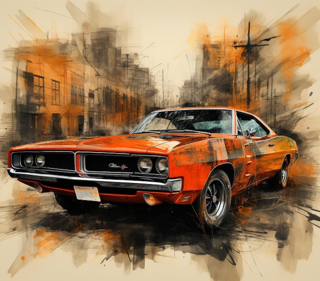 schilderij van een oranje muscle car met een stadsachtergrond generatieve ai