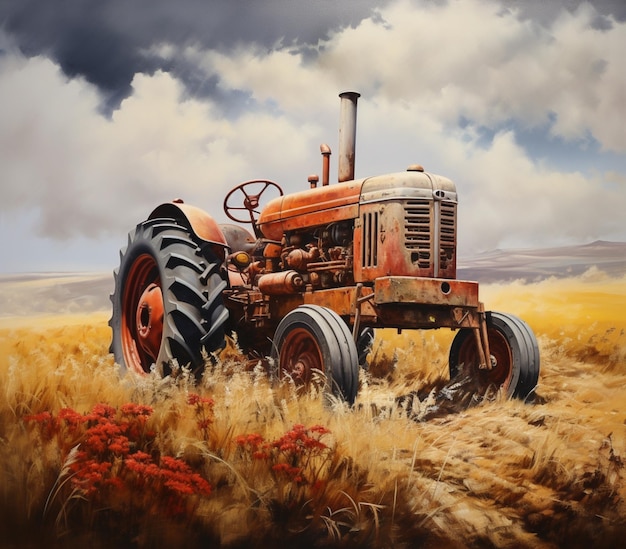 schilderij van een oude tractor in een veld met een bewolkte hemel generatieve ai