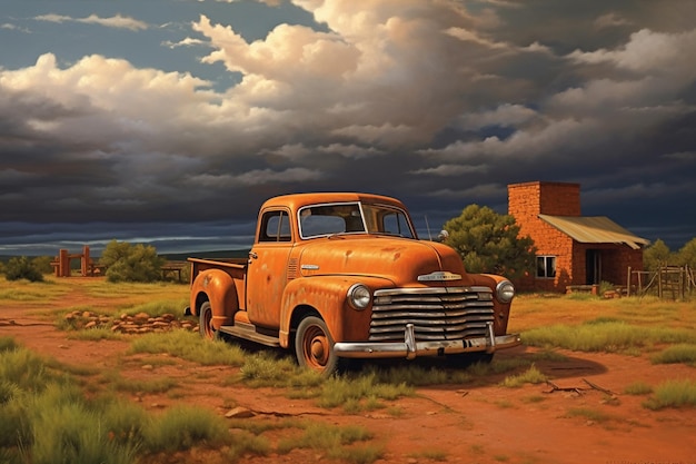Schilderij van een oude vrachtwagen in een veld met een schuur op de achtergrond generatieve ai