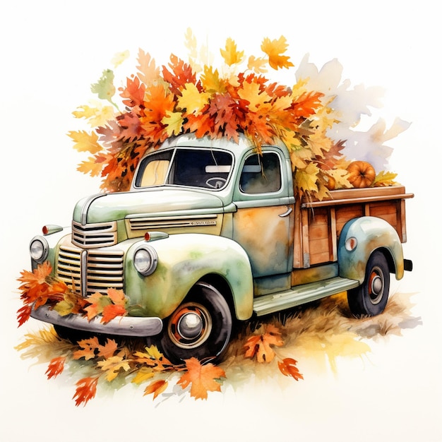 schilderij van een oude vrachtwagen met bladeren op het bed generatieve ai