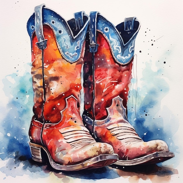 Schilderij van een paar cowboy laarzen met een blauw en rood ontwerp generatieve ai