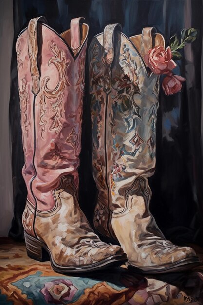 schilderij van een paar cowboylaarzen met een roos op de zijkant generatieve ai
