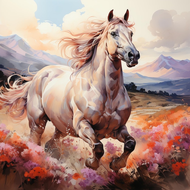 schilderij van een paard dat in een veld van bloemen loopt generatief ai