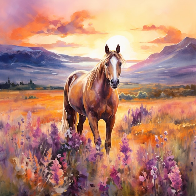 schilderij van een paard in een veld van bloemen bij zonsondergang generatieve ai